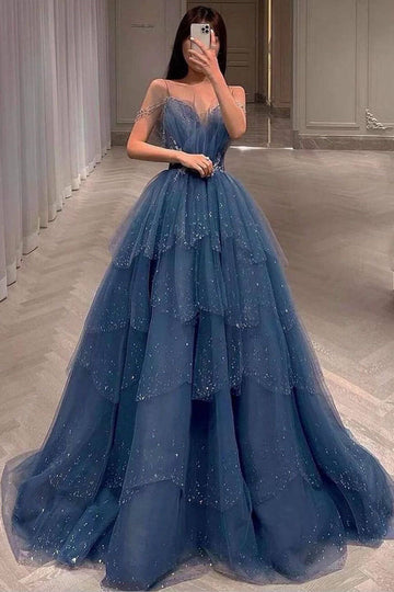 Gorgeous Blue Sparkly Tulle Beaded Prom Dress, Tiered Formal Gown With Rhinestone HZ1023